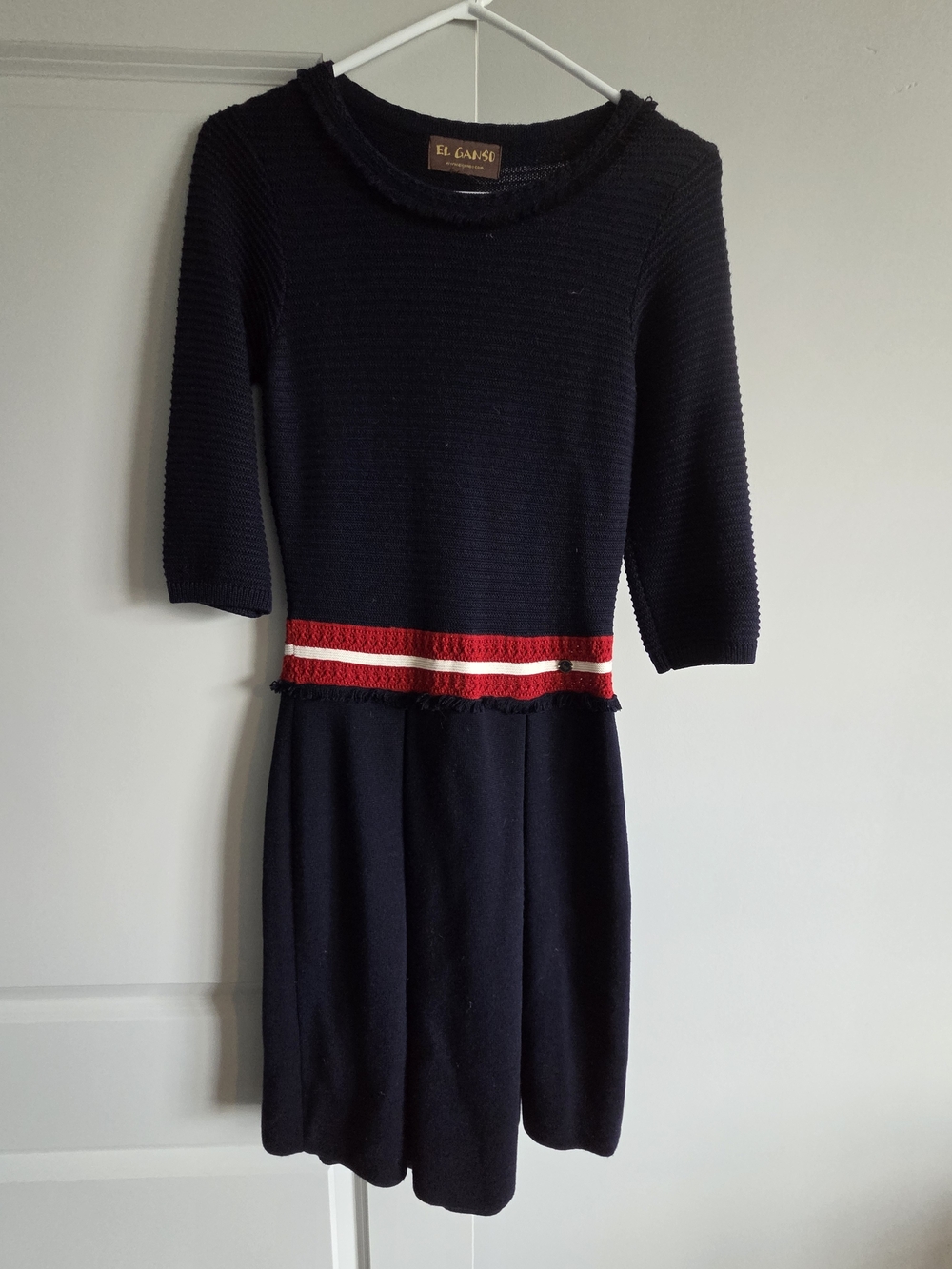 Navy Knit Kids Dress with Red Stripe Waist